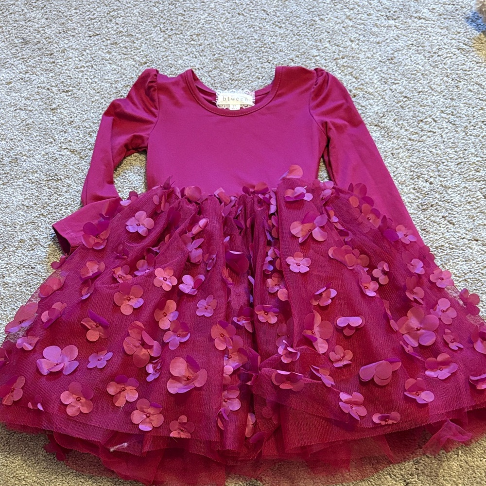 btween Fuchsia Kids Dress with Floral Details